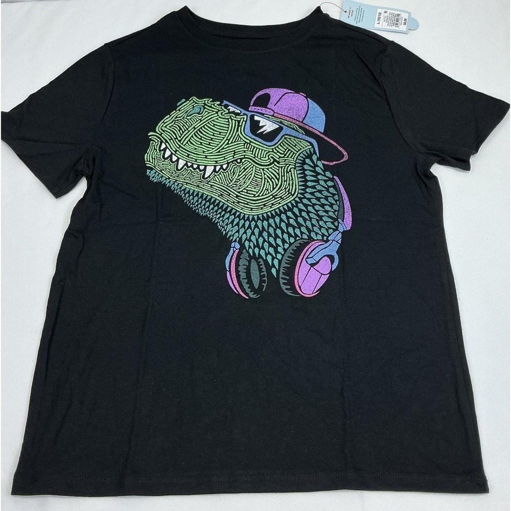 Cat Jack Kids Boys Graphic T Shirt‎ Dinosaur Headphones Cap Black Size L 10 12